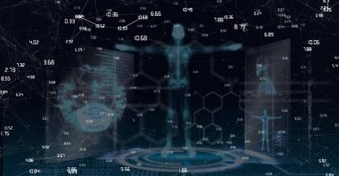 Tıbbi simgelerle sanal ekran üzerinden bağlantı ağının bileşimi. küresel bağlantılar, teknoloji ve dijital arayüz kavramı dijital olarak oluşturulmuş görüntü.