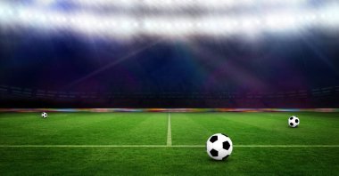 Futbol sahasında üç futbol topu ve stadyumdaki spot ışıkları kompozisyonu. şampiyonluklar, spor ve yarışma konsepti dijital olarak oluşturulmuş imaj.