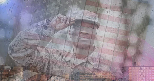 Composition Male Soldier Saluting American Flag Patriotism Celebration Concept Digitally — Stock Photo, Image