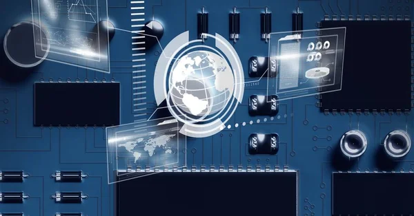 Composition of digital icons with globe over computer circuit board. global connections, technology and digital interface concept digitally generated image.