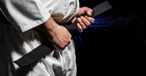 Composition Midsection Caucasian Male Martial Artist Black Belt Smoke Black — Stock Photo, Image