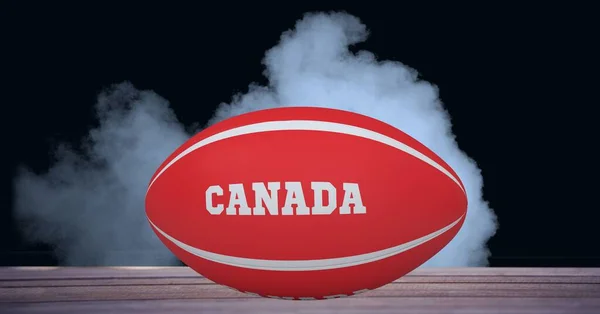 Komposition Von Rugby Ball Mit Text Canada Auf Schwarzem Hintergrund — Stockfoto