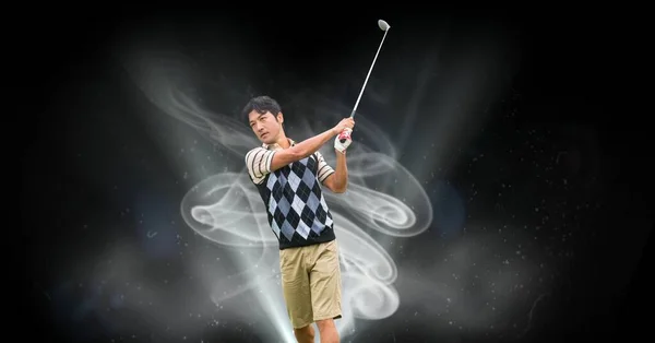 Composition Asian Male Golf Player Holding Golf Club Clouds Black — Stock Photo, Image