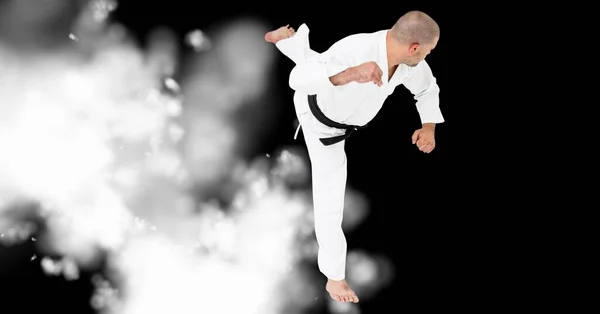 Samenstelling Van Kaukasische Mannelijke Karate Vechter Zwarte Achtergrond Met Witte — Stockfoto