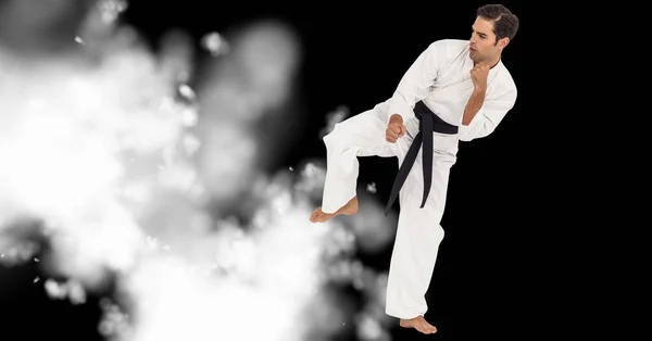 Samenstelling Van Kaukasische Mannelijke Karate Vechter Zwarte Achtergrond Met Witte — Stockfoto