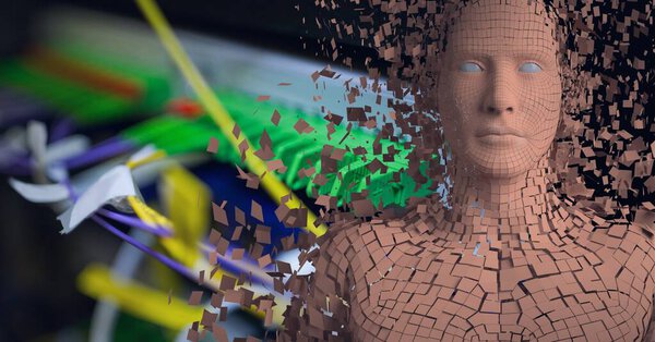 Composition of exploding human bust formed with particles and computer server. global connections, technology and digital interface.