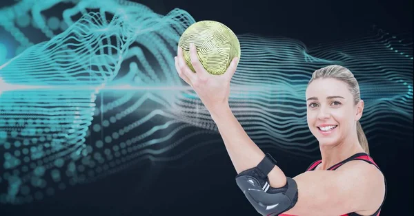 Composição Sorrindo Branco Jogador Handebol Feminino Segurando Bola Com Espaço — Fotografia de Stock