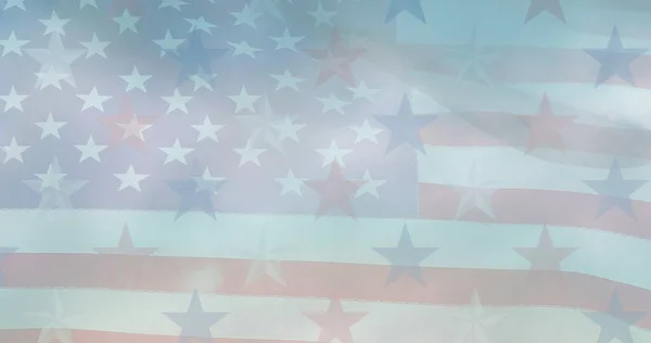 Amerikan Bayrağı Üzerinde Mavi Kırmızı Yıldızların Kompozisyonu Vatanseverlik Kutlama Konsepti — Stok fotoğraf