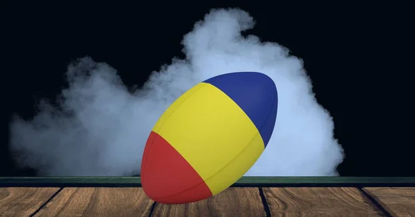 Sammansättning Rugby Boll Romania Flagga Svart Bakgrund Med Vit Rök — Stockfoto