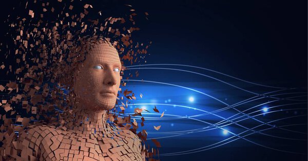 Composition of exploding human bust formed with particles over glowing light trails. global connections, technology and digital interface concept digitally generated image.