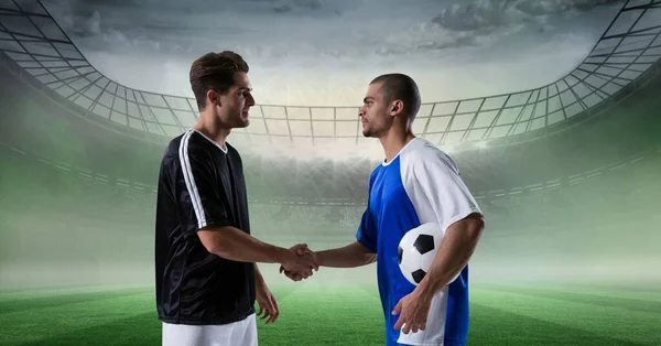 Composition Football Captains Shaking Hands Sports Stadium Sports Greeting Agreement — Stock Photo, Image