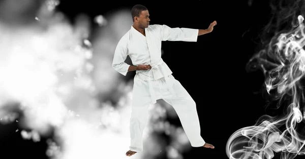 Samenstelling Van Afro Amerikaanse Mannelijke Karate Vechter Zwarte Achtergrond Met — Stockfoto