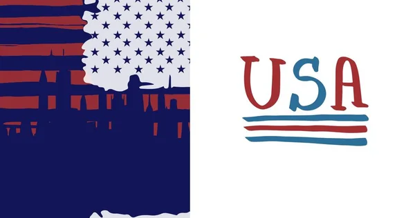 Összetétele Amerikai Szöveg Amerikai Zászló Városkép Patriotizmus Ünneplés Koncepció Digitálisan — Stock Fotó