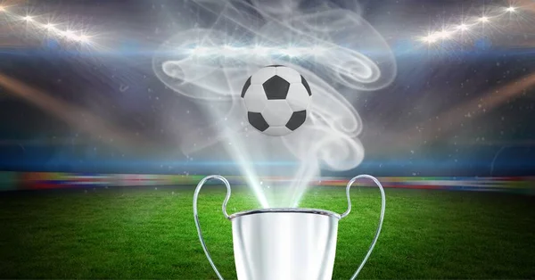 スタジアムと白い煙の上のカップとサッカーの構成 選手権 スポーツ 競争の概念デジタルで生成されたイメージ — ストック写真