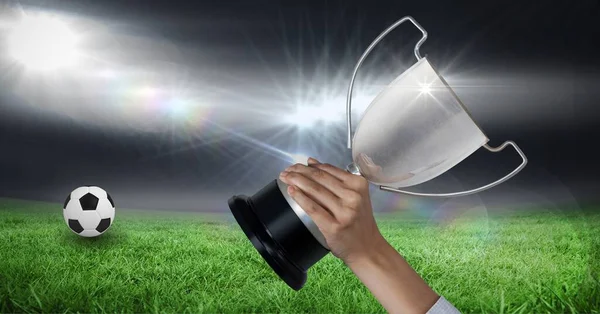 Compostion Caucasian Woman Holding Cup Football Stadium White Blur Championships — Photo