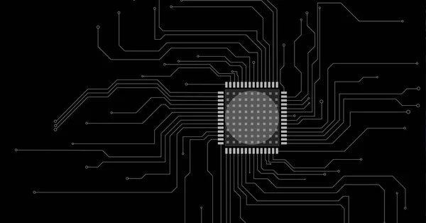 黒の背景にコンピュータプロセッサ回路基板の構成 グローバル接続 データ処理 デジタルインターフェースの概念デジタル生成された画像 — ストック写真