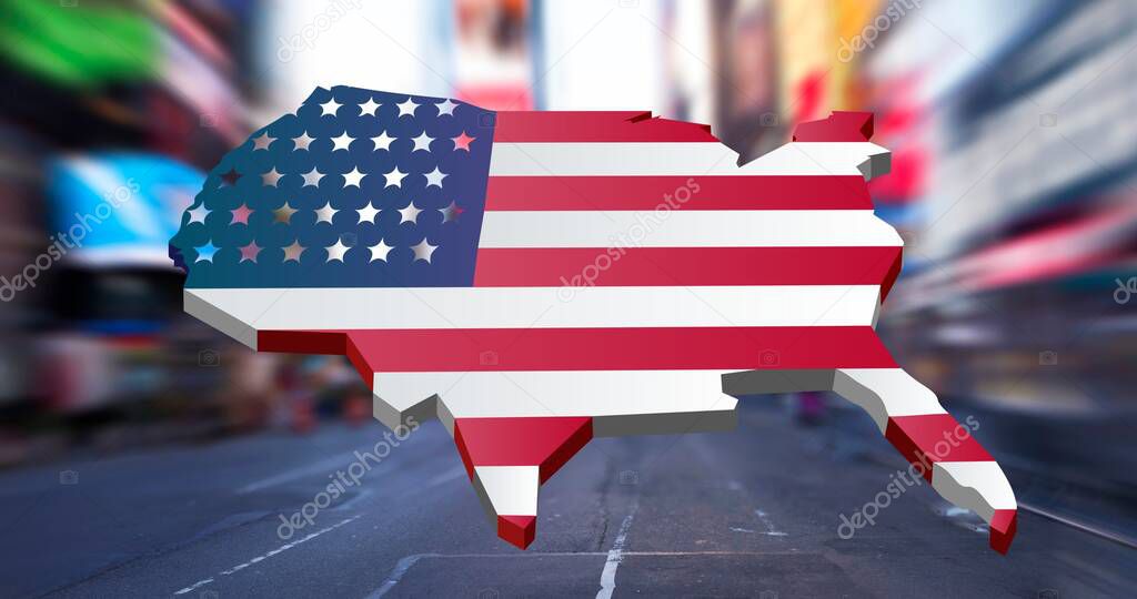Composition of usa map silhouette over city in motion blur. patriotism and celebration concept digitally generated image.
