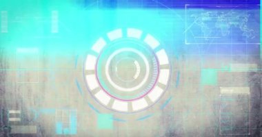 Yuvarlak neon tarayıcıya ve veri işleme ile dijital arayüze karşı ışık izleri ve arıza etkisi. bilgisayar arayüzü ve teknoloji kavramı