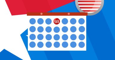 Amerikan bayrağı üzerinde sembol şablonu ve oylama metninin kompozisyonu. Amerikan siyaseti ve seçim konsepti dijital olarak oluşturulmuş imaj.