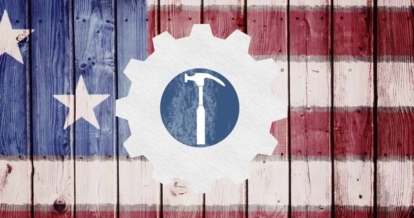 Labor Tool Setting Icon American Flag Wooden Background American Labor — Stock Photo, Image