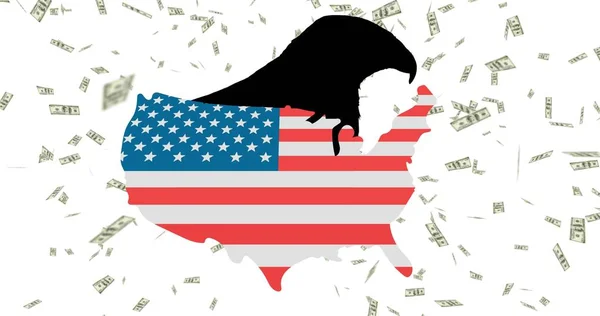 Sylwetka Orła Nad Amerykańską Flagą Mapie Amerykańskimi Dolarami Spadającymi Białe — Zdjęcie stockowe