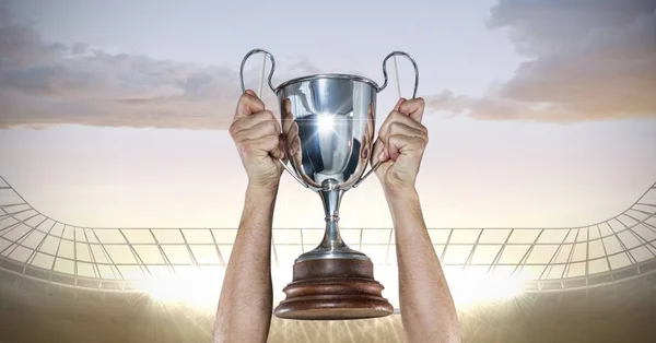 Mid Section Caucasian Male Athlete Lifting Trophy Floodlights Background Sports — Stock Photo, Image