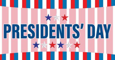 Yıldızlar ve mutlu başkanlar günü mesajı pembe pankarttan beyaz arka planda mavi ve kırmızı çizgilere karşı. Amerikan vatanseverliği ve başkanlık günü konsepti