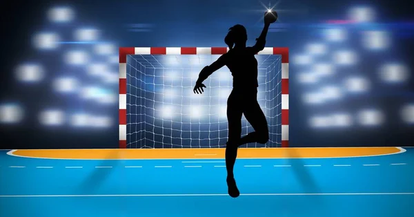 Sammansättning Kvinnlig Handbollsspelare Över Idrottsarenan Idrotts Och Tävlingskoncept Digitalt Framställd — Stockfoto