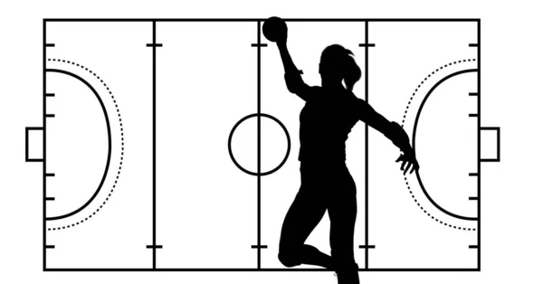 Composición Jugador Balonmano Femenino Sobre Fondo Blanco Con Campo Deportivo — Foto de Stock