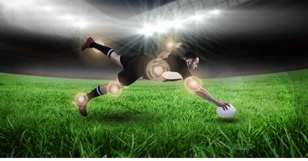 Multiple Scanners Caucasian Male Rugby Player Holding Rugby Ball Diving — Stock Photo, Image