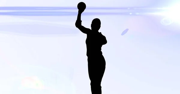 Női Kézilabda Játékos Összetétele Fehér Háttéren Könnyű Pályákkal Sport Versenykoncepció — Stock Fotó