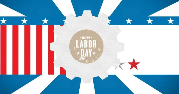 Happy labor day text over setting icon against american constitution text in background. american labor day celebration concept