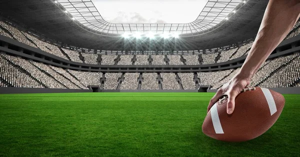 Close Hands Placing Rugby Ball Grass Field Stadium Background Sports — Stock Photo, Image