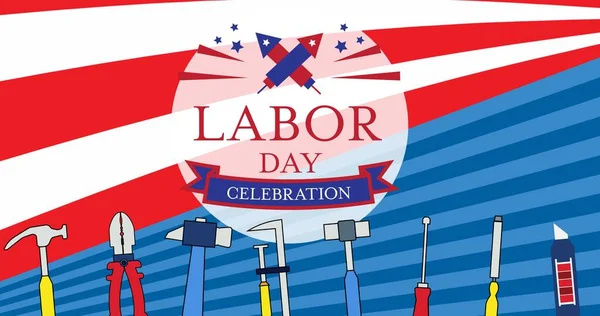 Multiple Tools Happy Labor Day Text Fireworks American Flag Design — Stock Photo, Image