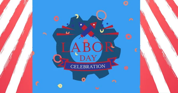 Happy labor day text and fireworks over setting icon against red striped background. american labor day celebration concept
