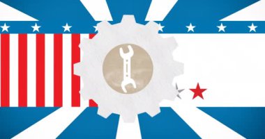 İşçi bayrağı ve çarkın üzerindeki İngiliz anahtarı bayrağının animasyonu. Vatanseverlik ve kutlama konsepti dijital olarak oluşturulmuş video.