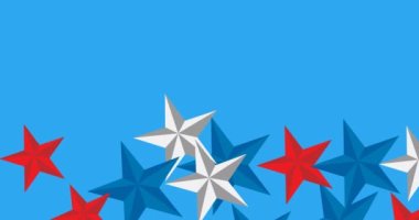 Mavi arka planda Amerikan bayrağının beyaz, mavi ve kırmızı yıldızlarının canlandırması. Vatanseverlik ve kutlama konsepti dijital olarak oluşturulmuş video.