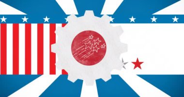 İşçi Bayramı kırmızı yıldızlarının çarklar ve Amerikan bayrağı üzerindeki animasyonu. Vatanseverlik ve kutlama konsepti dijital olarak oluşturulmuş video.