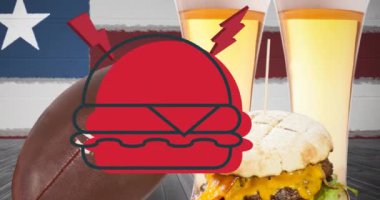 Hamburger, bira ve Amerikan bayrağı üzerine 4 Temmuz metninin animasyonu. Vatanseverlik ve kutlama konsepti dijital olarak oluşturulmuş video.