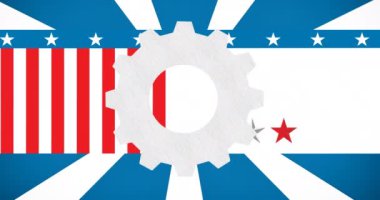 Amerikan bayrağı üzerinde dönen beyaz dişlinin animasyonu. Vatanseverlik ve kutlama konsepti dijital olarak oluşturulmuş video.