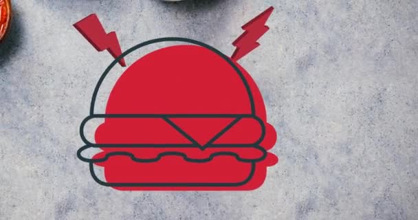 Animacja Tekstu Lipca Nad Hamburgerem Przyprawami Szarym Stole Patriotyzm Koncepcja — Wideo stockowe