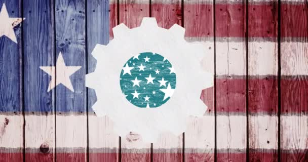 Animación Estrellas Del Día Del Trabajo Sobre Engranaje Bandera Americana — Vídeo de stock