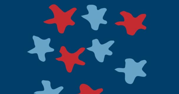 在蓝色背景上移动的美国国旗红星和蓝星的动画 爱国主义和庆祝概念数码视频 — 图库视频影像