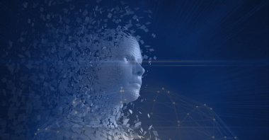 Patlayan insan büstünün bileşimi parçacıklar ve bağlantı ağıyla şekillendi. küresel bağlantılar, veri işleme ve dijital arayüz konsepti dijital olarak oluşturulmuş resim.