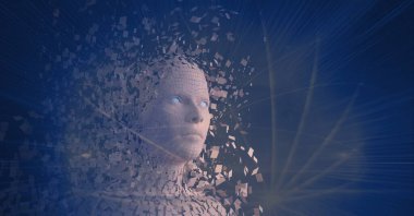 Patlayan insan büstünün bileşimi bağlantı ağı üzerinden parçacıklarla oluşturuldu. küresel bağlantılar, veri işleme ve dijital arayüz konsepti dijital olarak oluşturulmuş resim.