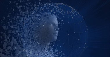 Patlayan insan büstünün bileşimi dünya çapındaki bağlantı ağında parçacıklar oluşturdu. küresel bağlantılar, veri işleme ve dijital arayüz konsepti dijital olarak oluşturulmuş resim.