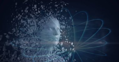 Patlayan insan büstünün bileşimi bağlantı ağı üzerinden parçacıklarla oluşturuldu. küresel bağlantılar, veri işleme ve dijital arayüz konsepti dijital olarak oluşturulmuş resim.