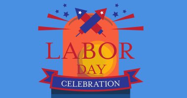 Mavi arka planda siren ışığı altında havai fişekli mutlu işçi günü metinleri. Amerikan İşçi Bayramı konsepti