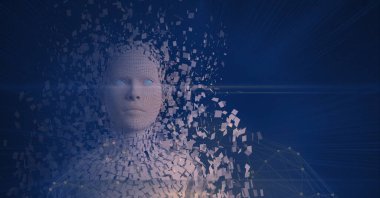 Patlayan insan büstünün bileşimi parçacıklar ve bağlantı ağıyla şekillendi. küresel bağlantılar, veri işleme ve dijital arayüz konsepti dijital olarak oluşturulmuş resim.