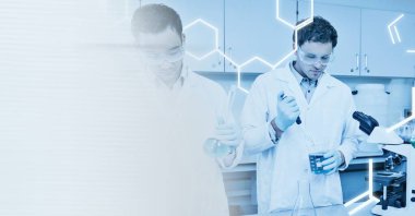 Erkek bilim adamlarının deney tüplerini fotokopi uzayı ile tutmalarının bileşimi. Bilim ve araştırma konsepti dijital olarak oluşturulmuş görüntü.